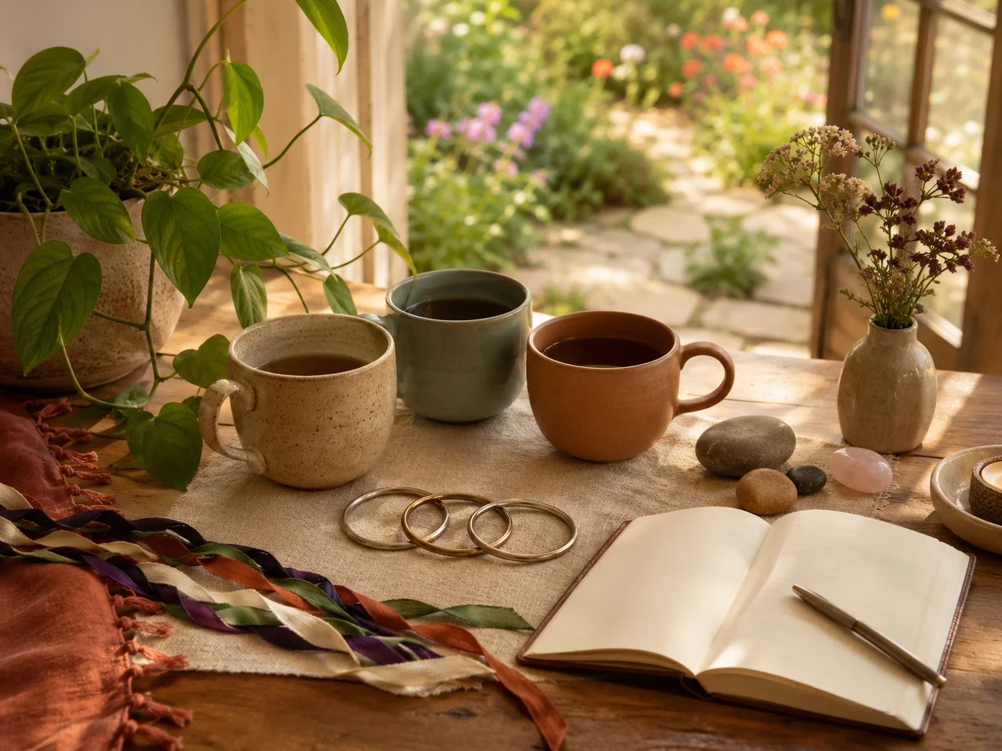 Hopeful polyamory specialty page image with three ceramic mugs, interlocking rings, an open journal, soft ribbons, grounding stones, flowers, and a sunlit garden path.