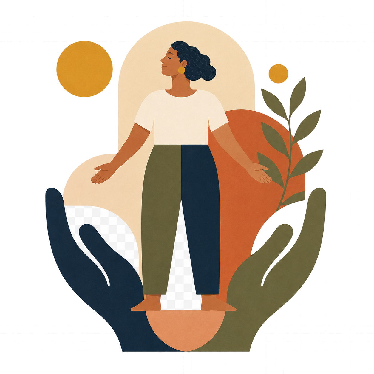 Bauhaus-style icon of an adult held by open hands, suggesting care, support, and being welcomed fully.