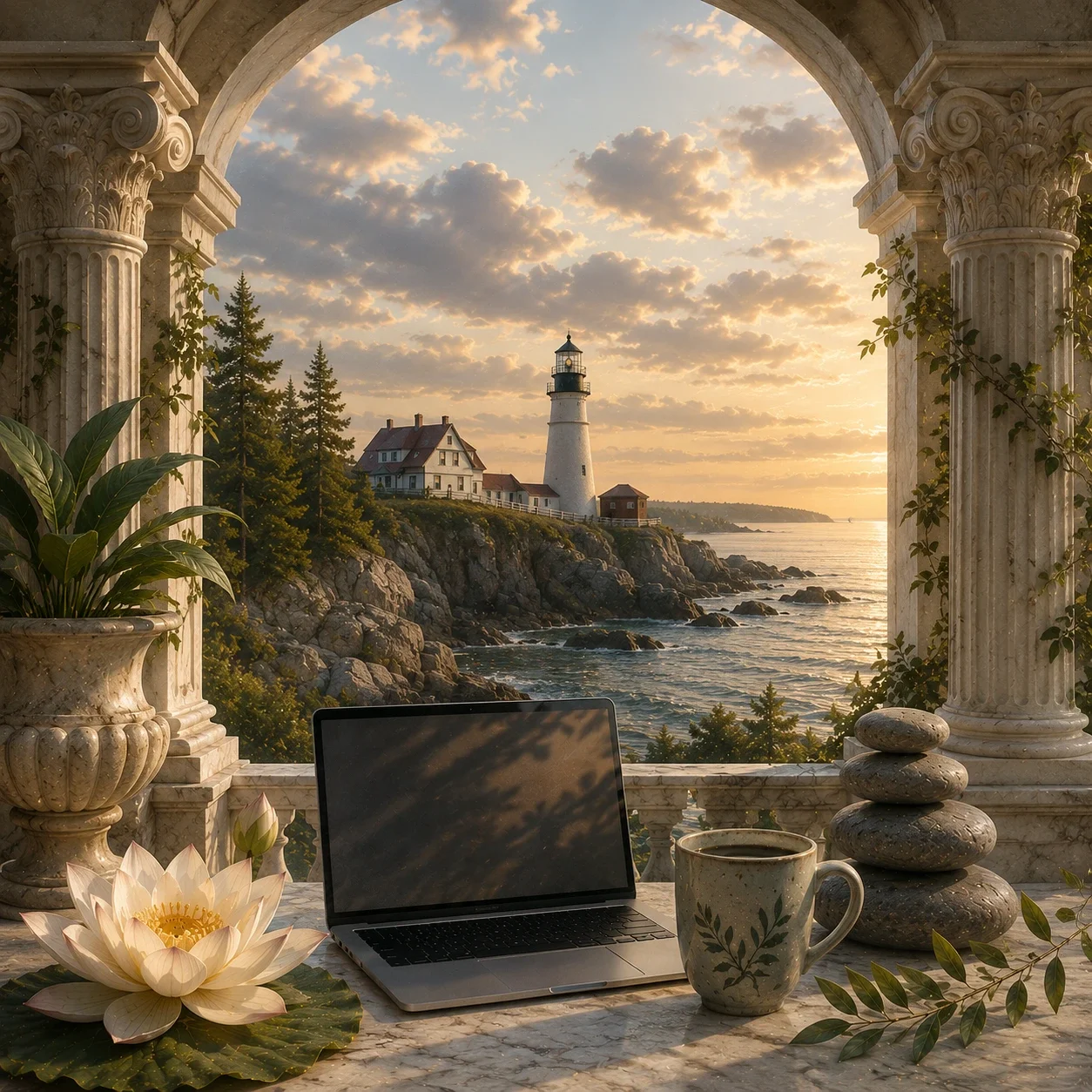 Neoclassical terrace with a laptop, lotus flower, balanced stones, and a Maine-inspired rocky coastline with a lighthouse