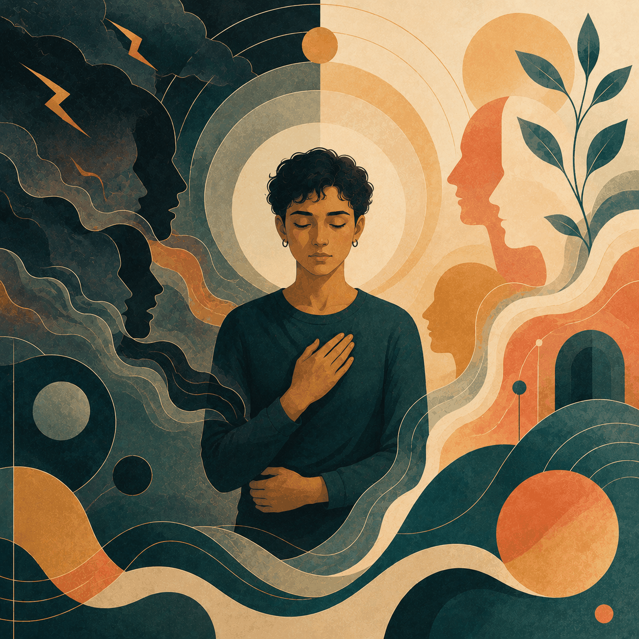 Avant-garde square illustration of a calm nonbinary person with one hand on their chest, surrounded by shadowed profile shapes, warm light, flowing forms, and plant imagery, symbolizing shame, self-judgment, and compassionate self-awareness.