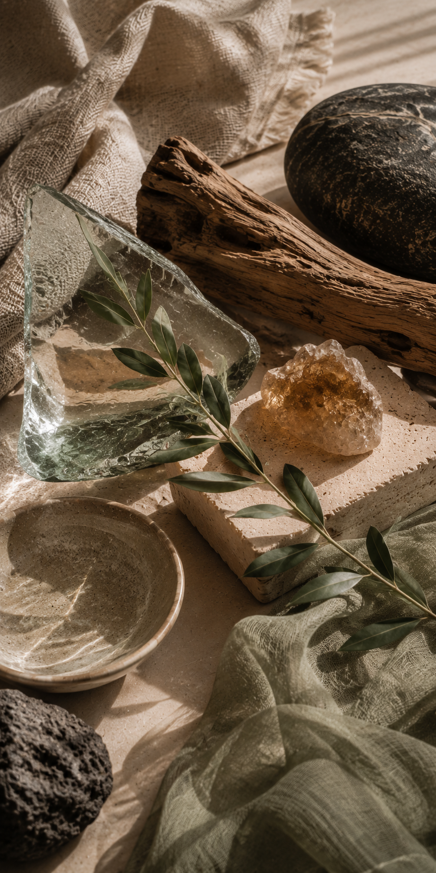Translucent glass, textured stone, weathered wood, soft linen, and sage foliage overlap in warm natural light, each remaining distinct while sharing an intimate, interconnected composition.