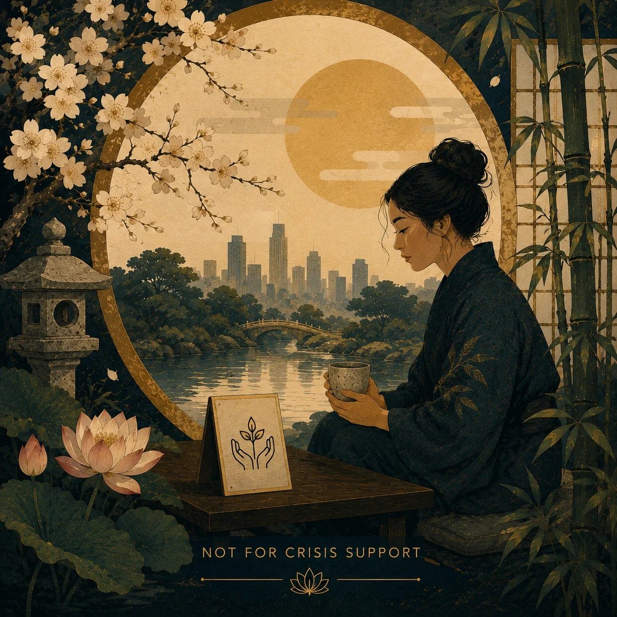 Japonism-inspired illustration of a person sitting calmly with tea near water, bamboo, lotus flowers, and a distant city skyline.