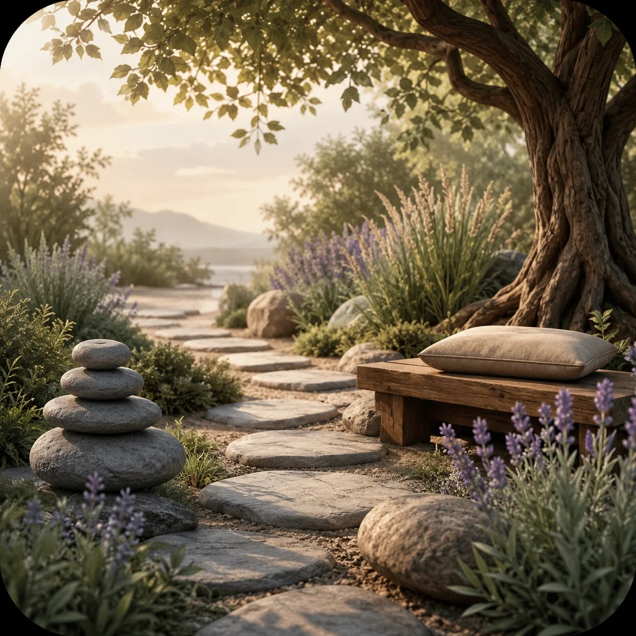 Grounded garden scene with stepping stones, stacked stones, lavender, and a wooden bench beneath a tree, symbolizing steady support in anxiety treatment.