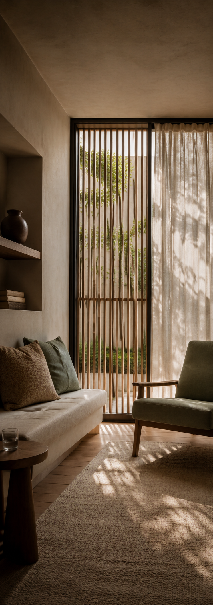 Quiet private interior with filtered natural light and a partially screened window