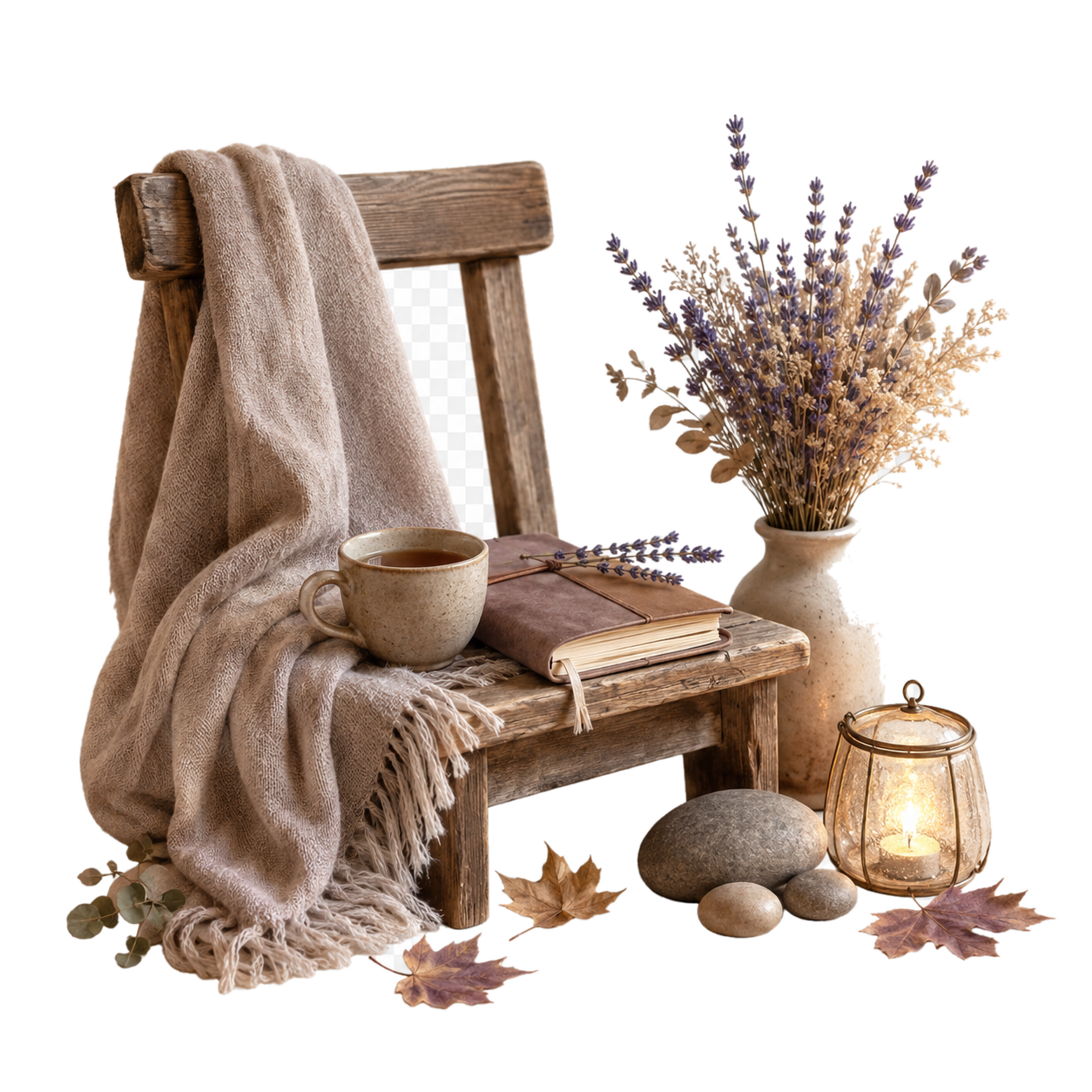 Reflective grief and loss icon with a wooden chair, soft blanket, tea, journal, dried lavender, candlelight, stones, and autumn leaves.