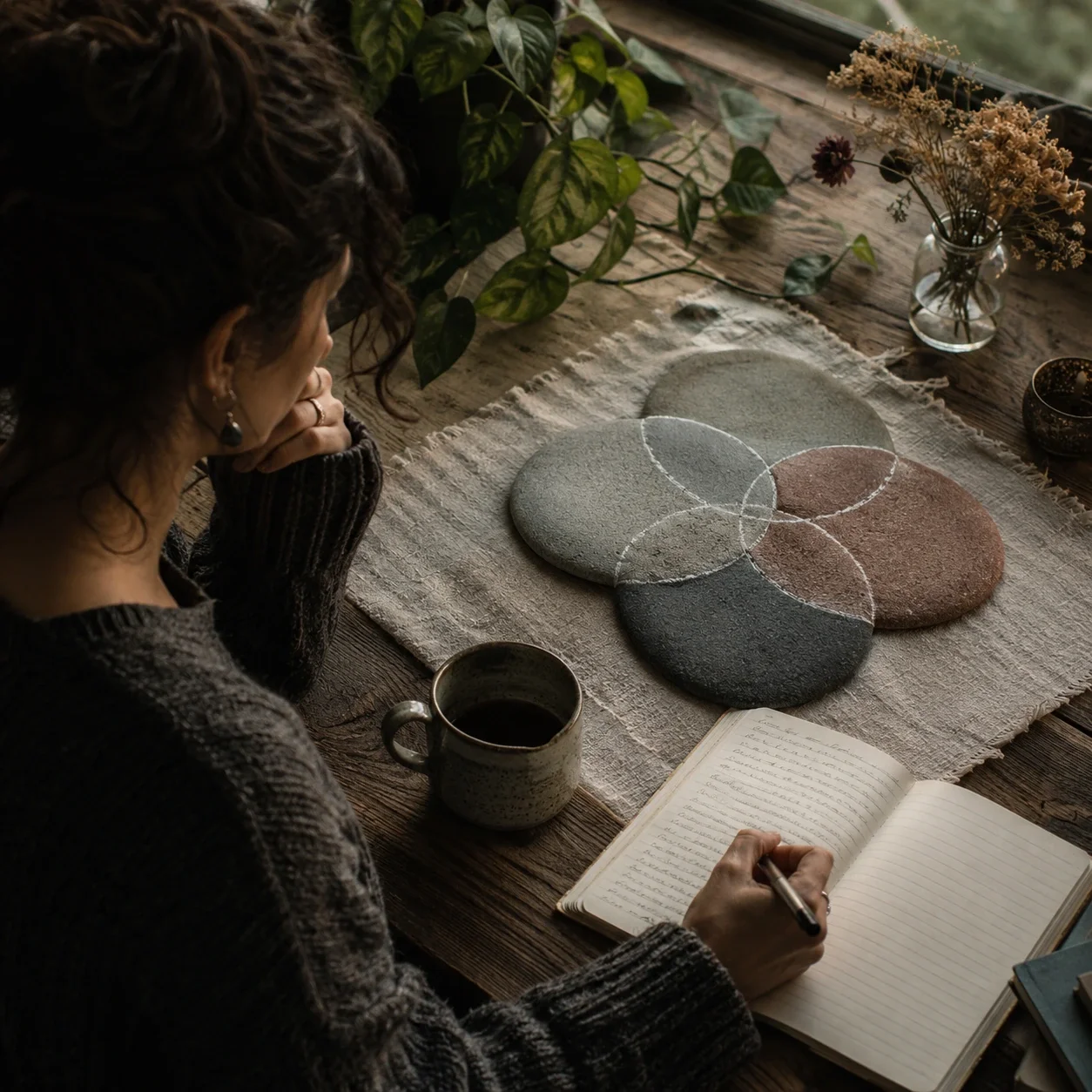Person journaling beside overlapping stone circles, plants, and warm natural textures.