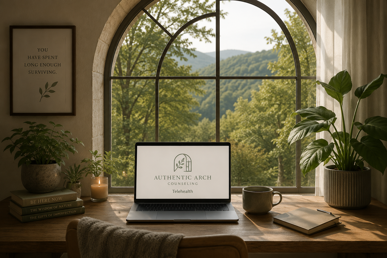 Cozy telehealth workspace with an arched window overlooking a peaceful forest. A laptop, journal, candle, plants, and warm natural light create a calming space for online therapy and reflection.