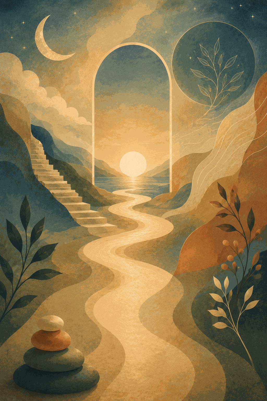 A surreal vertical landscape with a glowing winding path, stone steps, celestial shapes, and an open archway toward a sunlit horizon, symbolizing Acceptance and Commitment Therapy, values, openness, and committed action.
