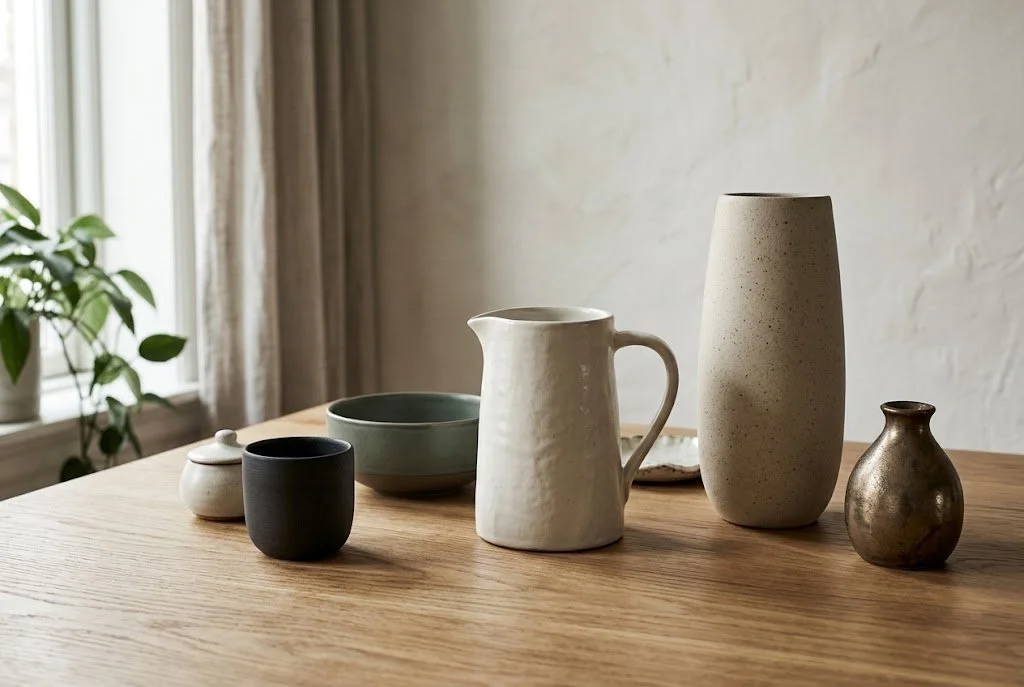 An assortment of unique ceramic vessels, including a tall beige vase, white pitcher, matte black cup, and sage bowl, sits on a natural wood table in soft window light.