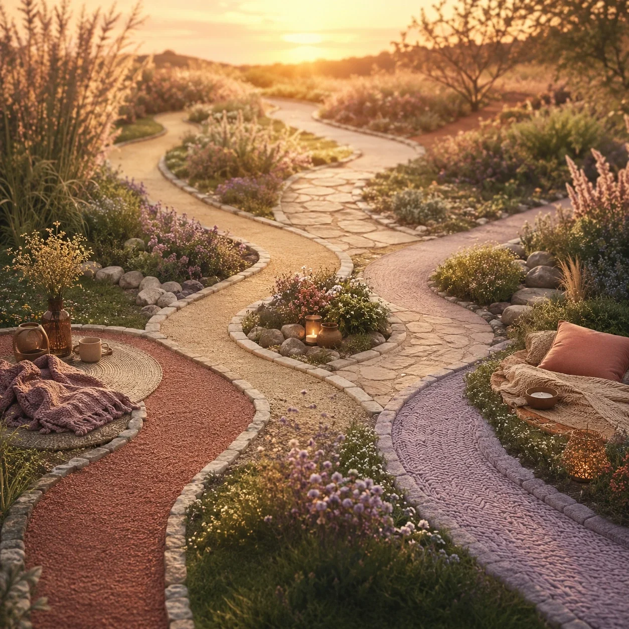 Warm garden landscape with multiple softly winding paths, flowers, and cozy resting spaces symbolizing polyamory and ENM relationship support.