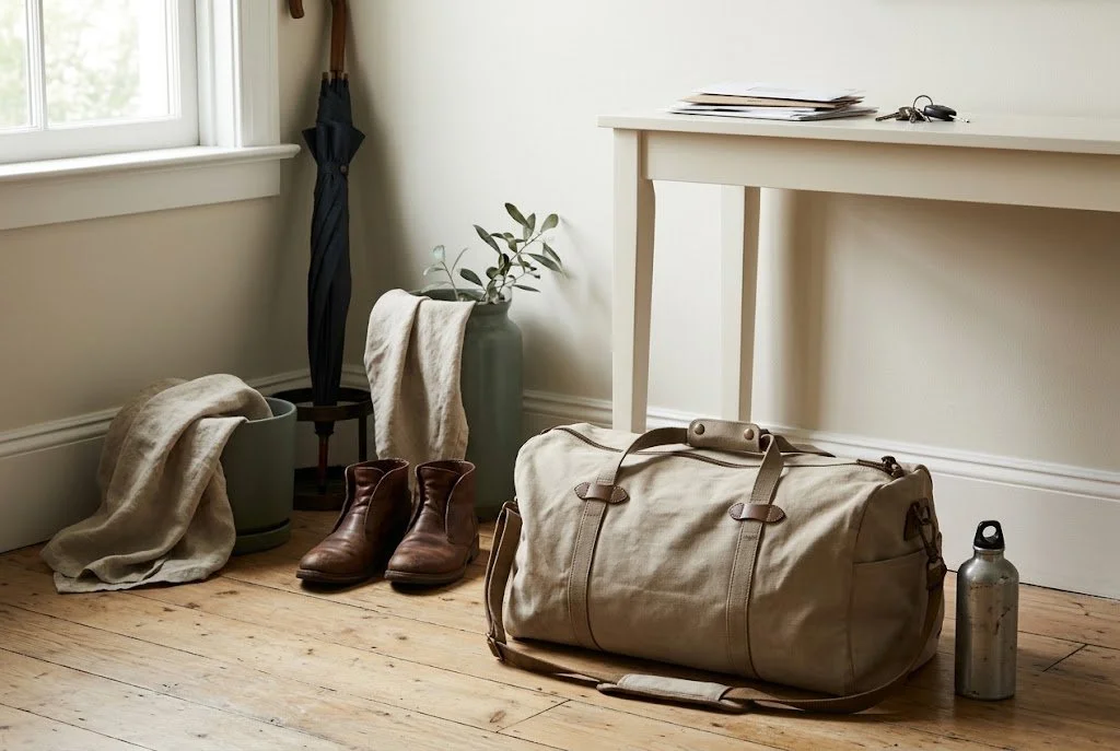 A weathered tan canvas duffel bag rests on a wood floor in a sunlit entryway alongside brown leather boots, a metal water bottle, and a white console table holding mail and keys.