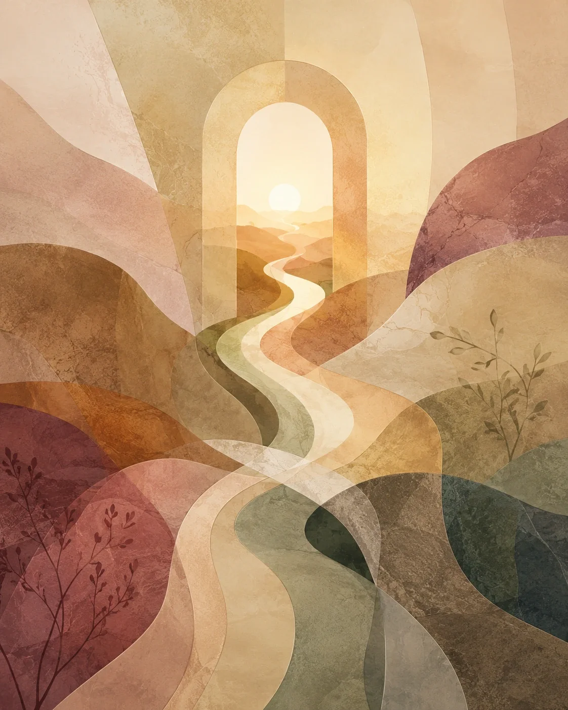 An abstract layered landscape with winding pathways leading toward a glowing arch, symbolizing integrated therapy approaches and multiple paths toward healing.