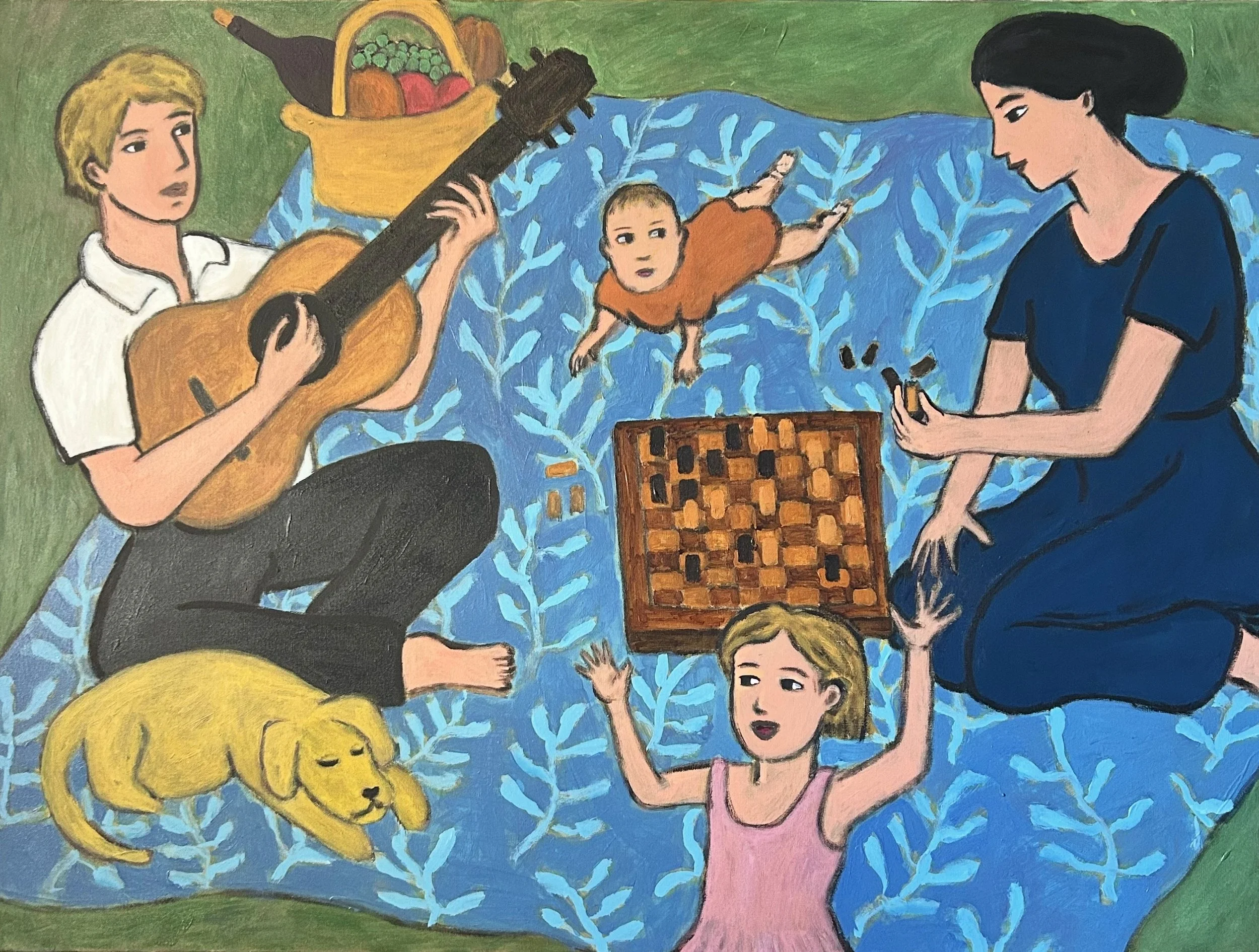 A colorful painting of a family at picnic outdoors. There's a dog lying on the grass, a basket of fruit, and a chessboard, set on a blue patterned blanket.