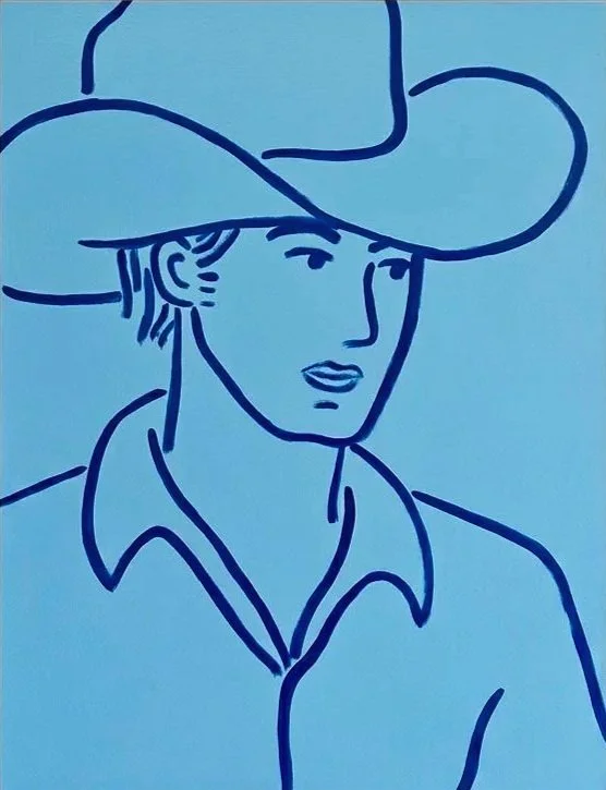 Line drawing of a cowboy wearing a wide-brimmed hat and collared shirt.