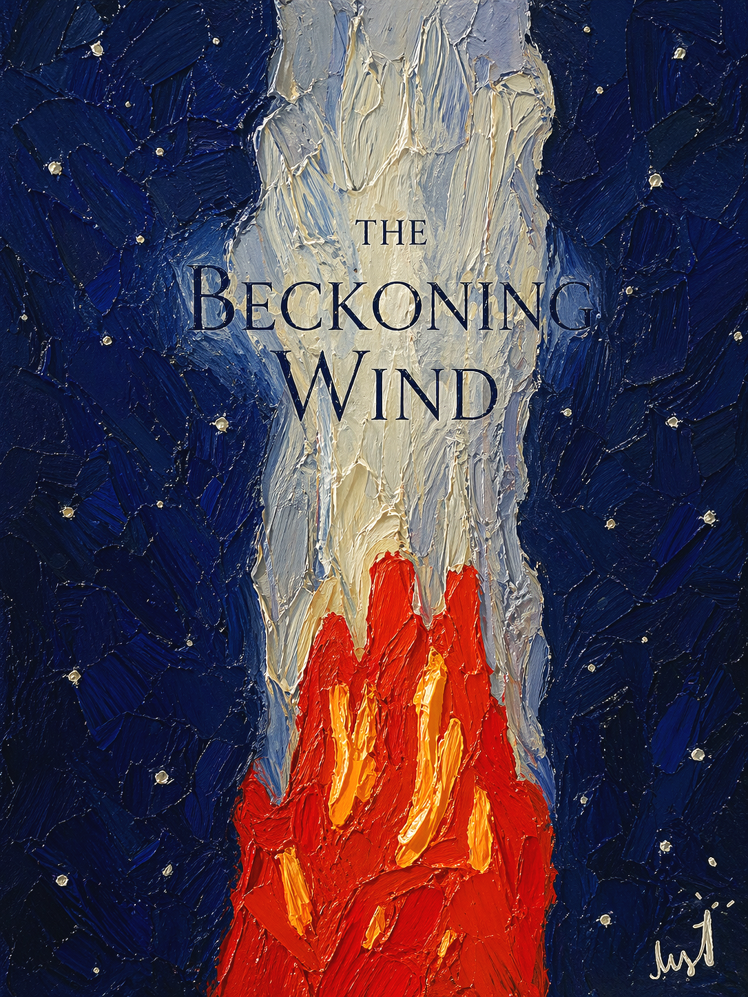An abstract painting of a volcano erupting with orange and yellow lava against a dark blue starry sky, with the title 'The Beckoning Wind' written across the center.