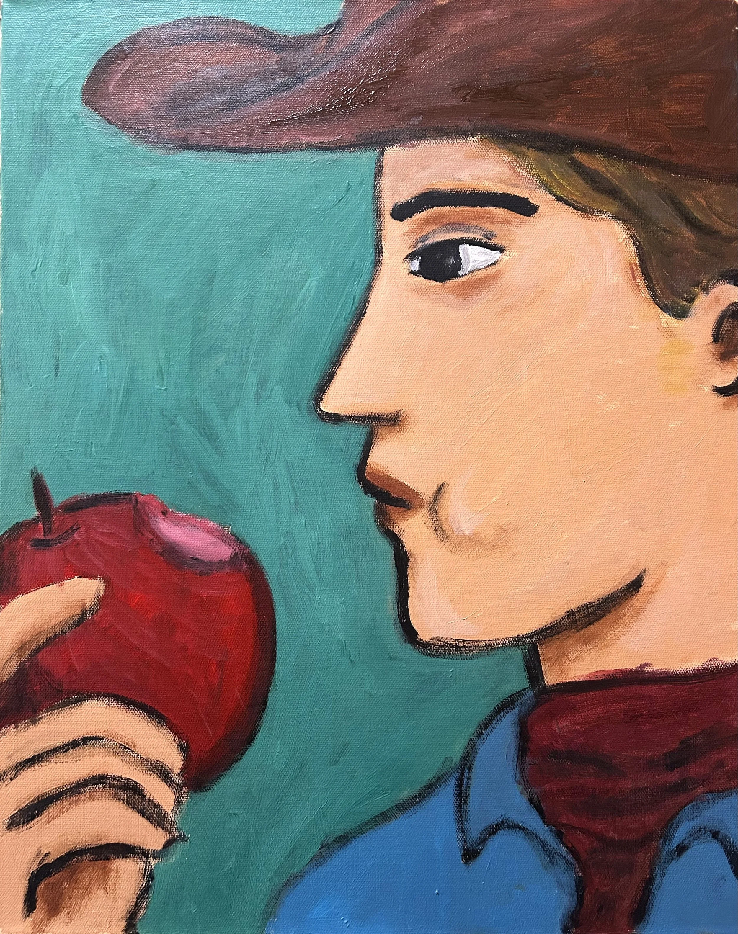 A painting of a cowboy with brown hair, a black eyebrow, and an eye gazing at a red apple held in their hand. The person's face is shown in profile against a green background.