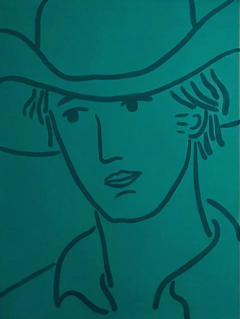 Line drawing of a cowboy, facing forward, with medium-length hair and a collared shirt.