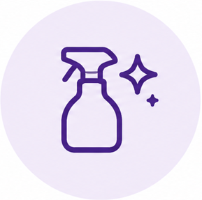 Illustration of a spray bottle with a sparkling star next to it, representing cleaning or disinfecting.