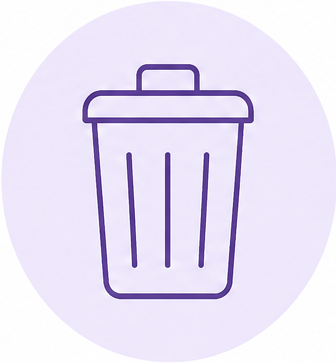 Line drawing of a trash can icon with a purple outline on a light purple background.