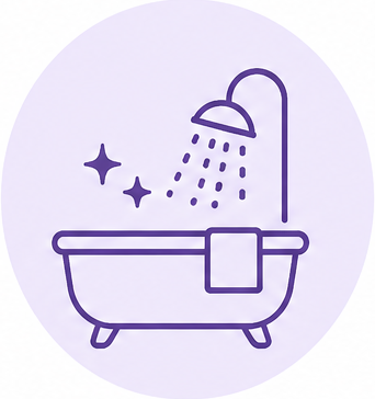 Outline of a bathtub with a showerhead and water spray, and two stars.