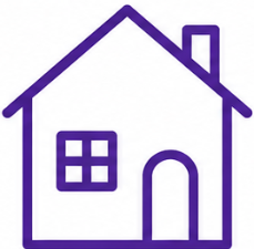 Simple purple line drawing of a house with a window and chimney.