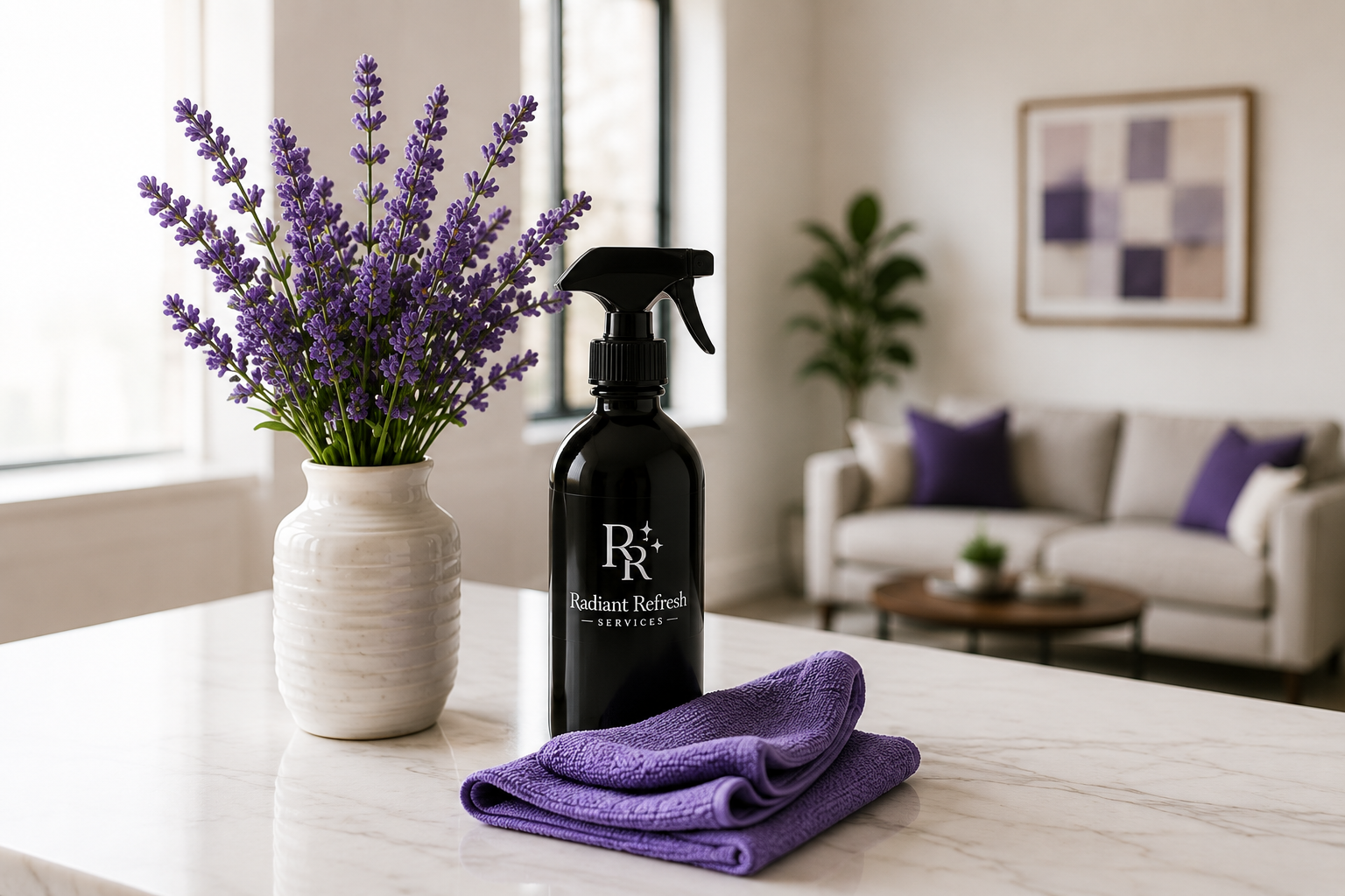 A black spray bottle labeled 'Radiant Refresh SERVICES' on a white marble countertop next to a folded purple towel, with a white vase holding purple flowers in the background, in a living room setting with a sofa, purple pillows, a side table, and a window.