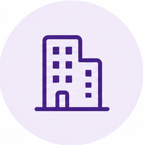 Outline of a multi-story building with a doorway, drawn in purple against a light background.
