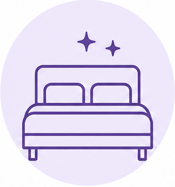 Simple line drawing of a bed with pillows, two stars above it, all in purple on a light purple circular background.