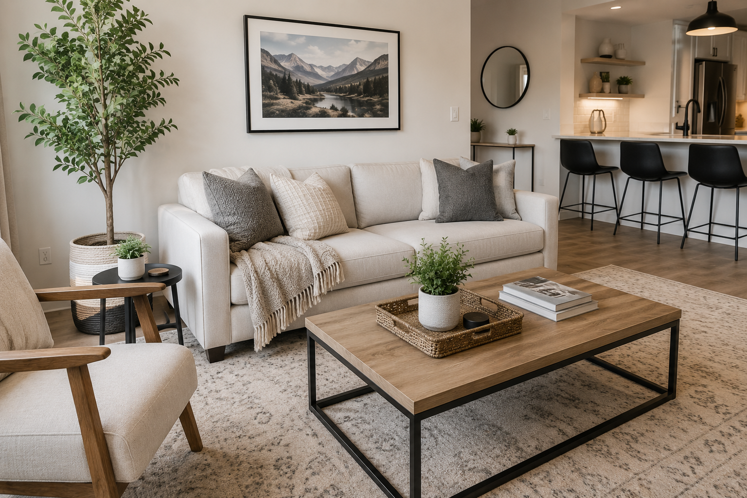 Modern living room with a white sofa, beige armchair, wooden coffee table, indoor plants, and artwork, open kitchen with black barstools and minimal decor.
