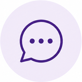 Purple speech bubble icon with three dots inside, representing a chat or message.