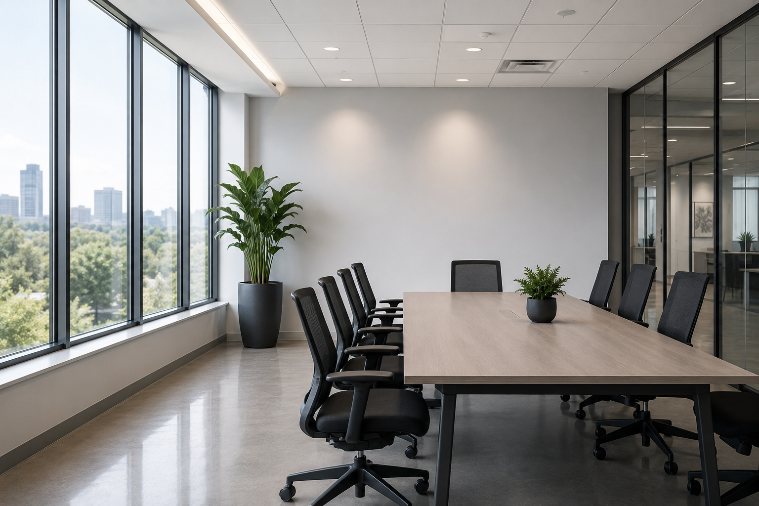Empty modern conference room with a long wooden table, black office chairs, potted plants, large windows with a view of the city skyline, and a white wall.