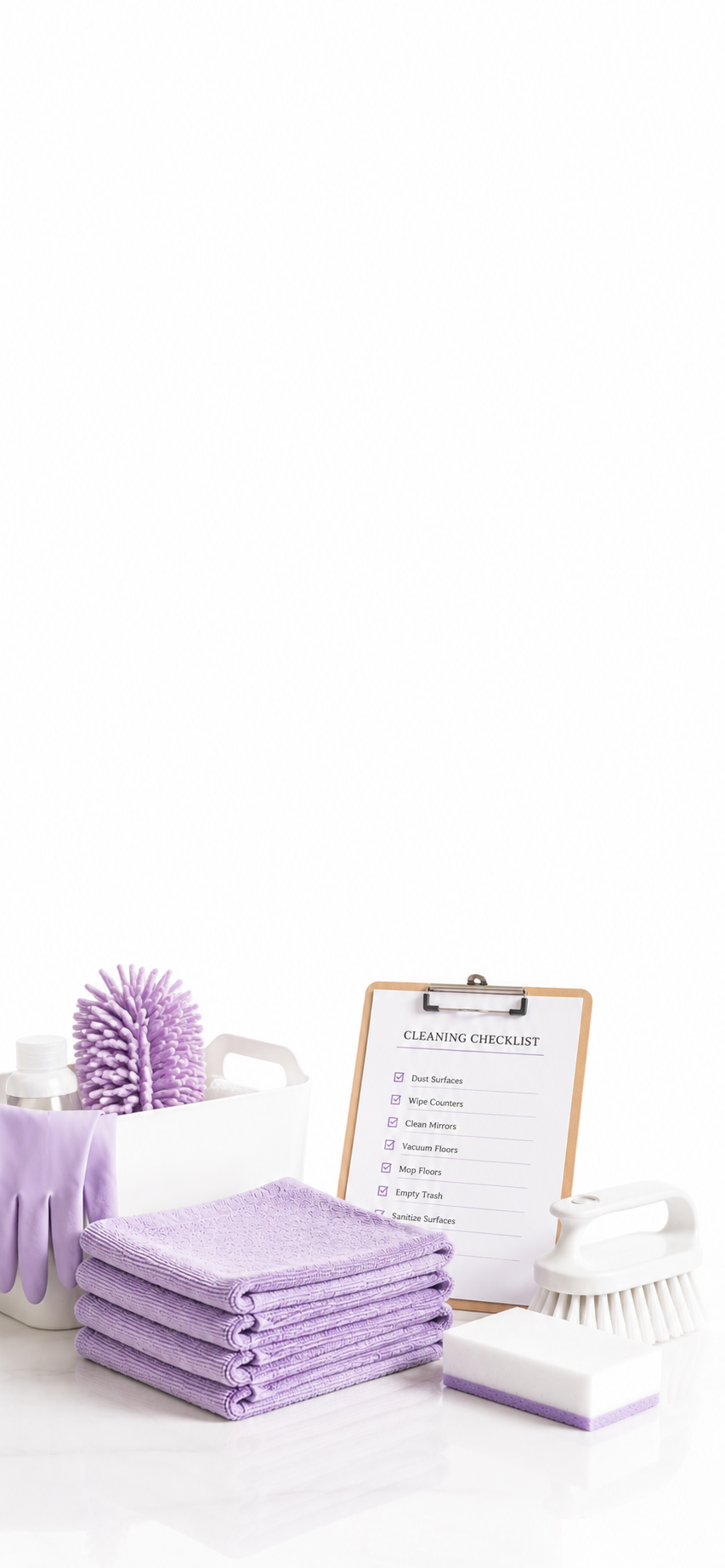 Cleaning supplies including a container with a purple scrub brush, purple rubber gloves, folded purple towels, a spray bottle, a cleaning checklist on a clipboard, and cleaning tools like a scrub brush, sponge, and mop on a white surface.