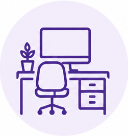 Illustration of a home office with a desk, an office chair, a monitor, and a potted plant