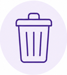 Outline of a purple trash can icon on a light purple circular background.
