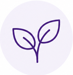 Simple line drawing of two leaves on a stem, purple outline, on a white background.