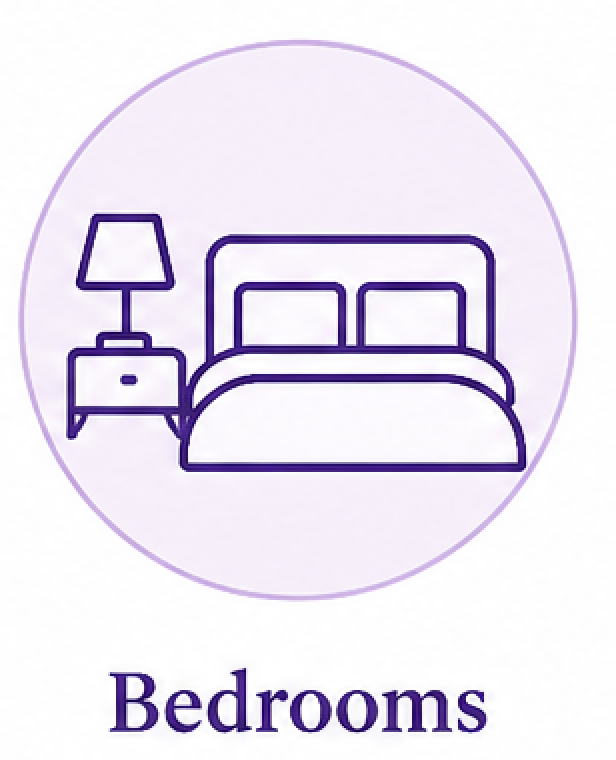 Simple line drawing of a bedroom with a bed, a nightstand, and a lamp, inside a circle with the word 'Bedrooms' below.