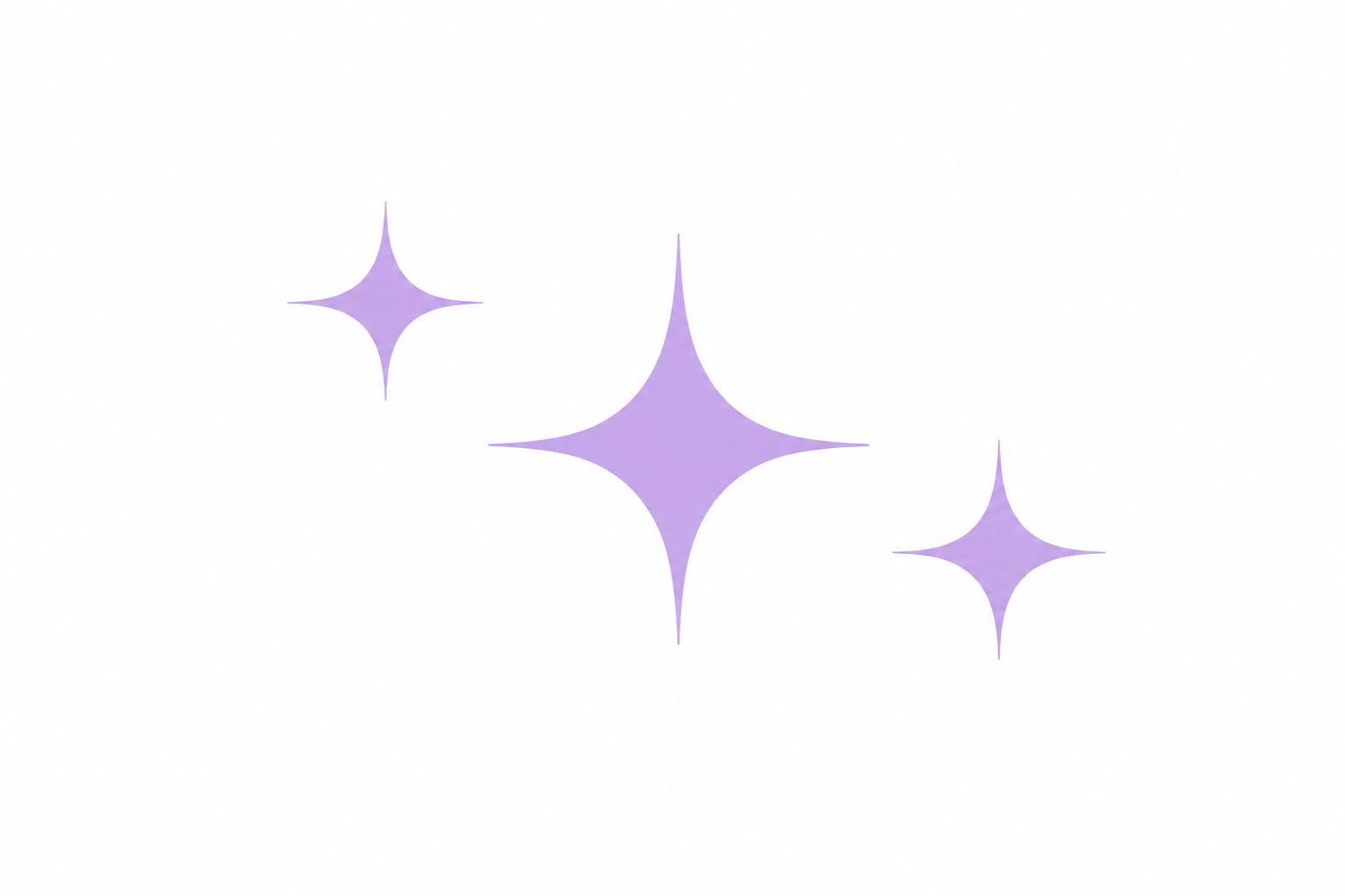 Three purple glittering stars on a white background, arranged in a diagonal line.