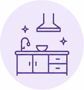 Line drawing of a kitchen sink with a faucet, cabinets, and a countertop, with a range hood above and two decorative stars.