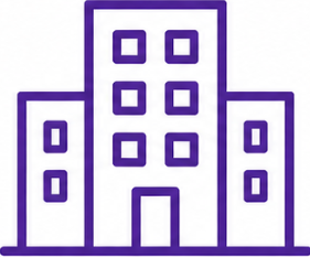Outline of a multi-story building with a central entrance, flanked by two smaller buildings, all in purple.