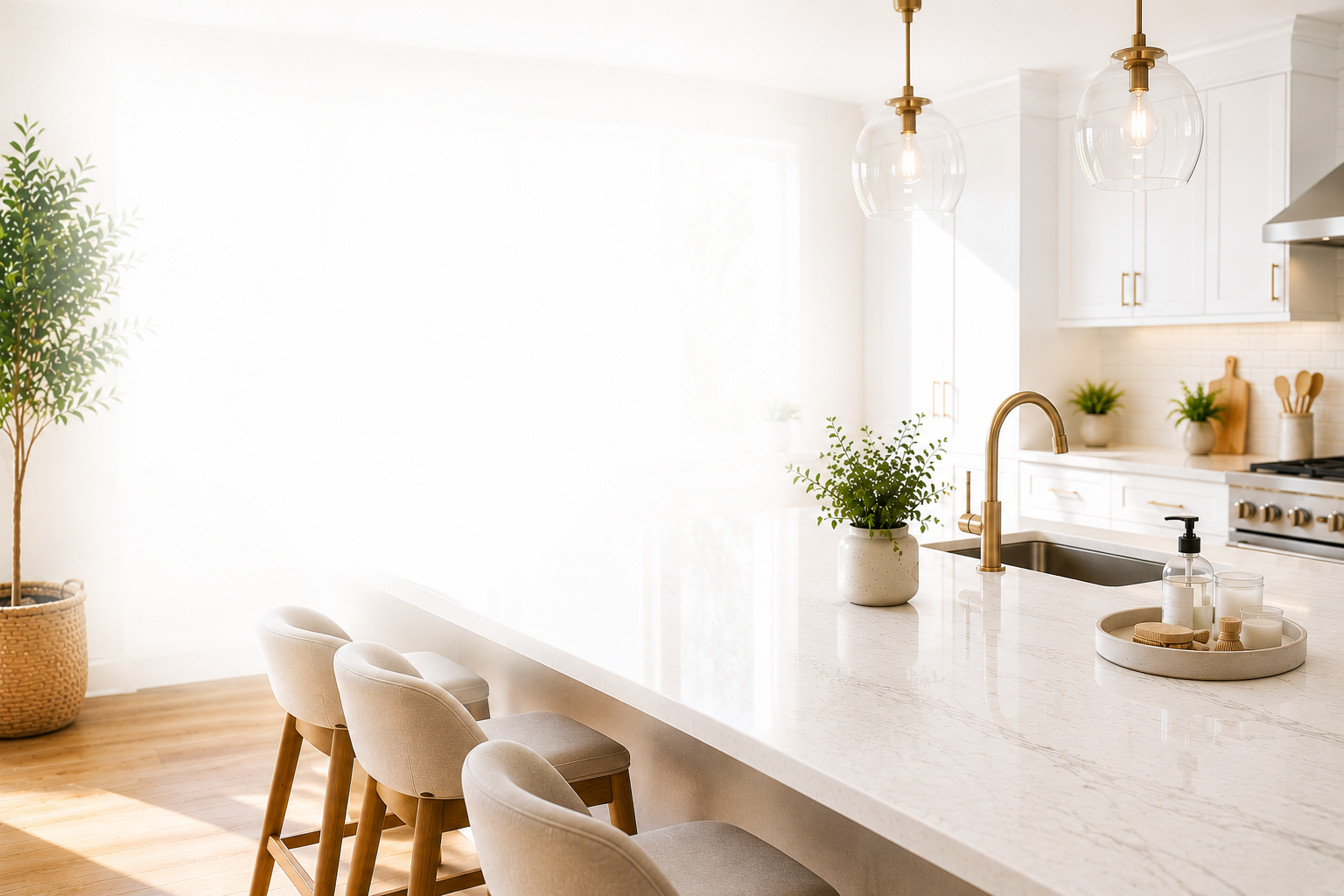 Bright, modern kitchen with white marble island, gold faucet, beige chairs, green potted plants, and pendant lights.