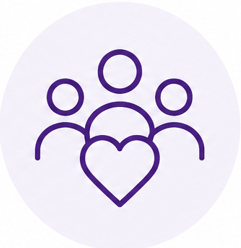 Abstract icon of three people behind a heart, representing community or support
