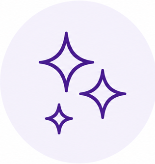 Three purple sparkle icons on a white circular background
