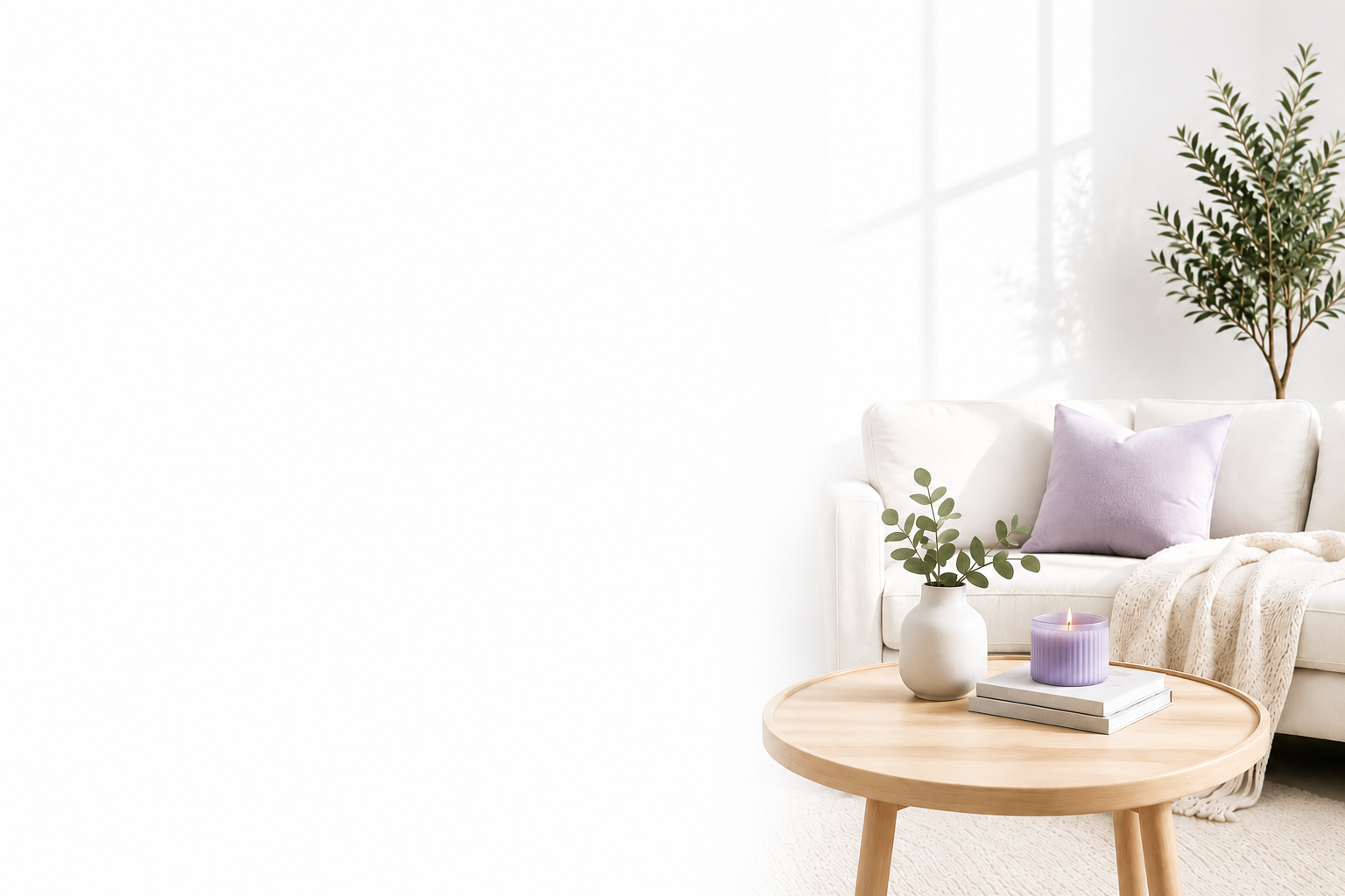 Bright living room with a white sofa, lavender pillow, large potted plant, a round wooden coffee table with a lavender candle, a small vase with greenery, and a white throw blanket. Natural light streaming in from a window.