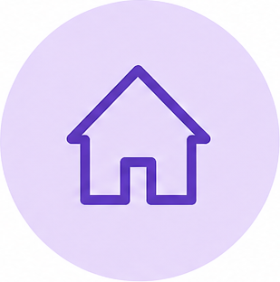 Outline of a house icon with a triangular roof on a light purple circular background.