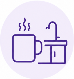 Illustration of a mug with steam and a kitchen sink with a faucet