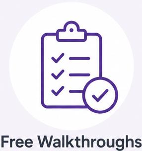 Icon of a checklist on a clipboard with a checkmark, accompanied by the text 'Free Walkthroughs'.