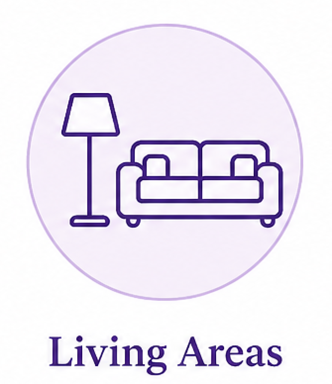Line drawing of a living room with a sofa and floor lamp, encircled by a purple outline, and the text 'Living Areas' underneath.