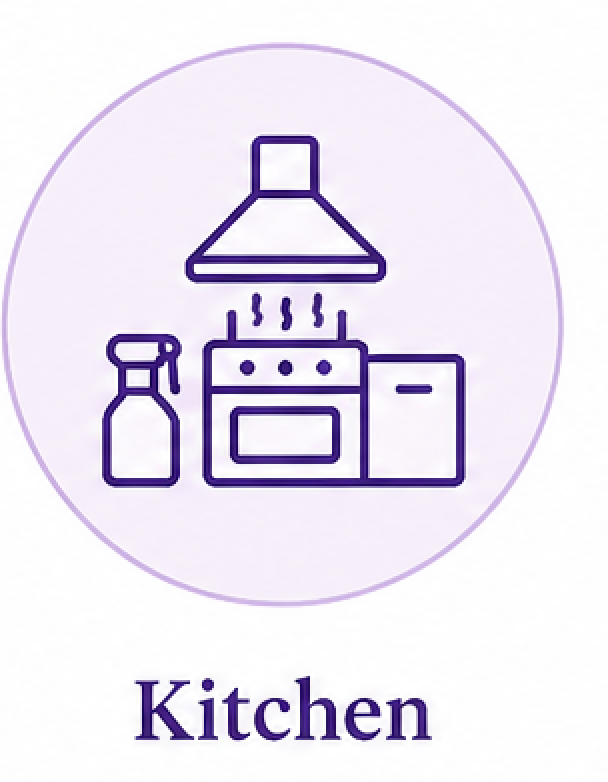 Icon of a stove with exhaust hood, a bottle, and a fridge, with the word 'Kitchen' below.
