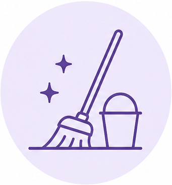 Illustration of a broom with a bucket and sparkles.