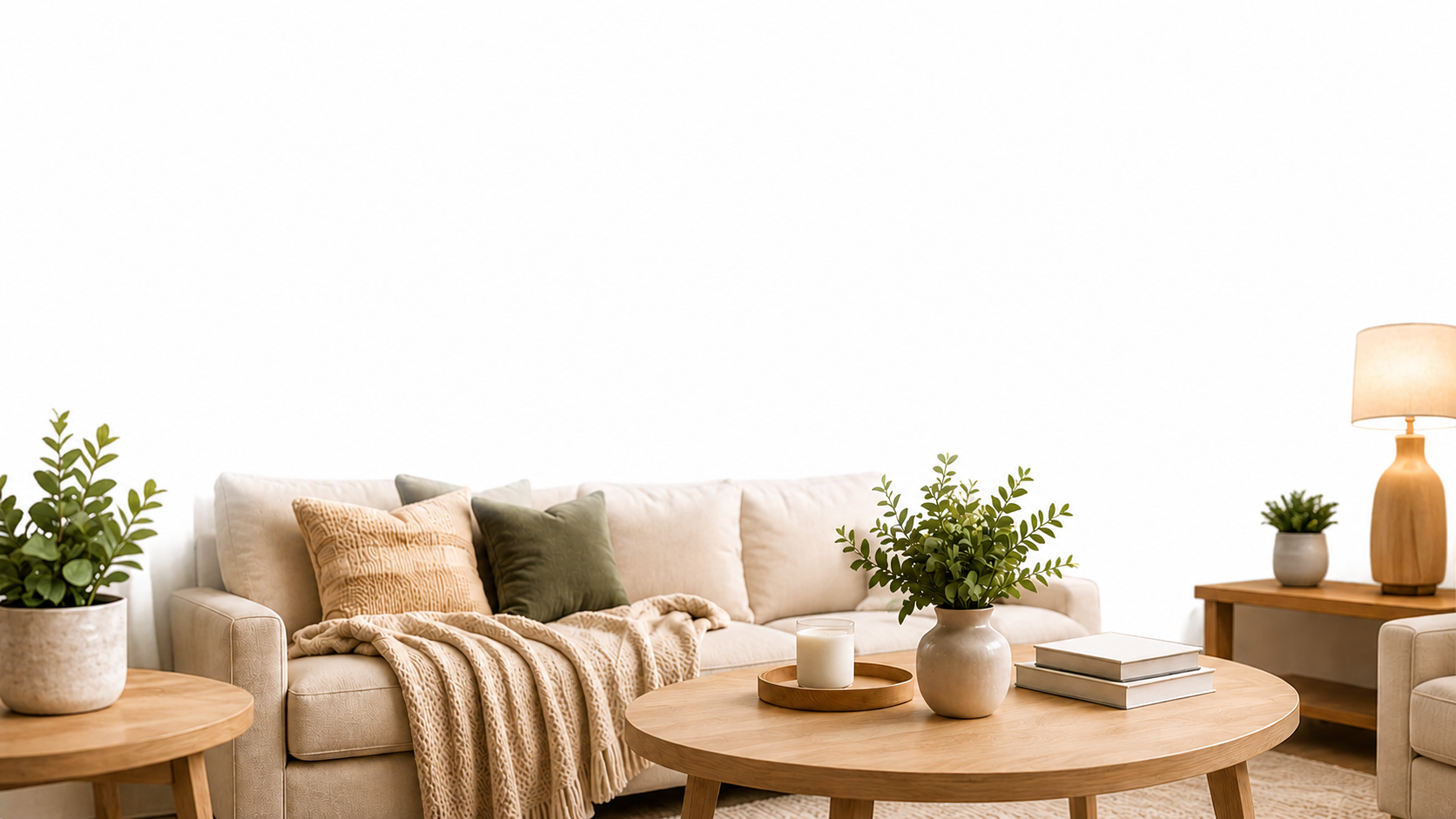 Living room with a beige sofa, green and beige pillows, a beige blanket, wooden coffee table with a potted plant, candles, and books, side table with a lamp, and another potted plant, all against a white wall.